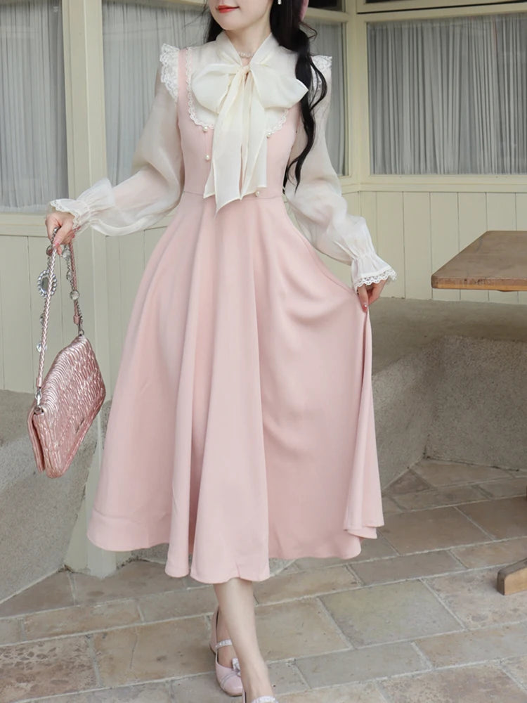 Autumn Lace Vintage Fairy Dress Women Patchwork Elegant Party Midi Dress Female Bow Korean Fashion One Piece Sweet Dress 2026